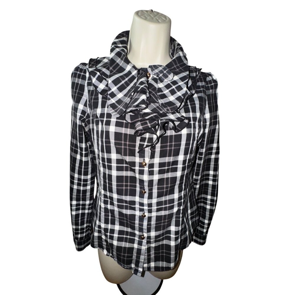 Ochirly Plaid Ruffled Blouse Small Black/White Western Prairie‎ Cottage Preppie